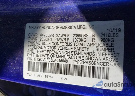 2020 Honda Accord Sport из США, поврежденный, VIN 1HGCV1F35LA015048